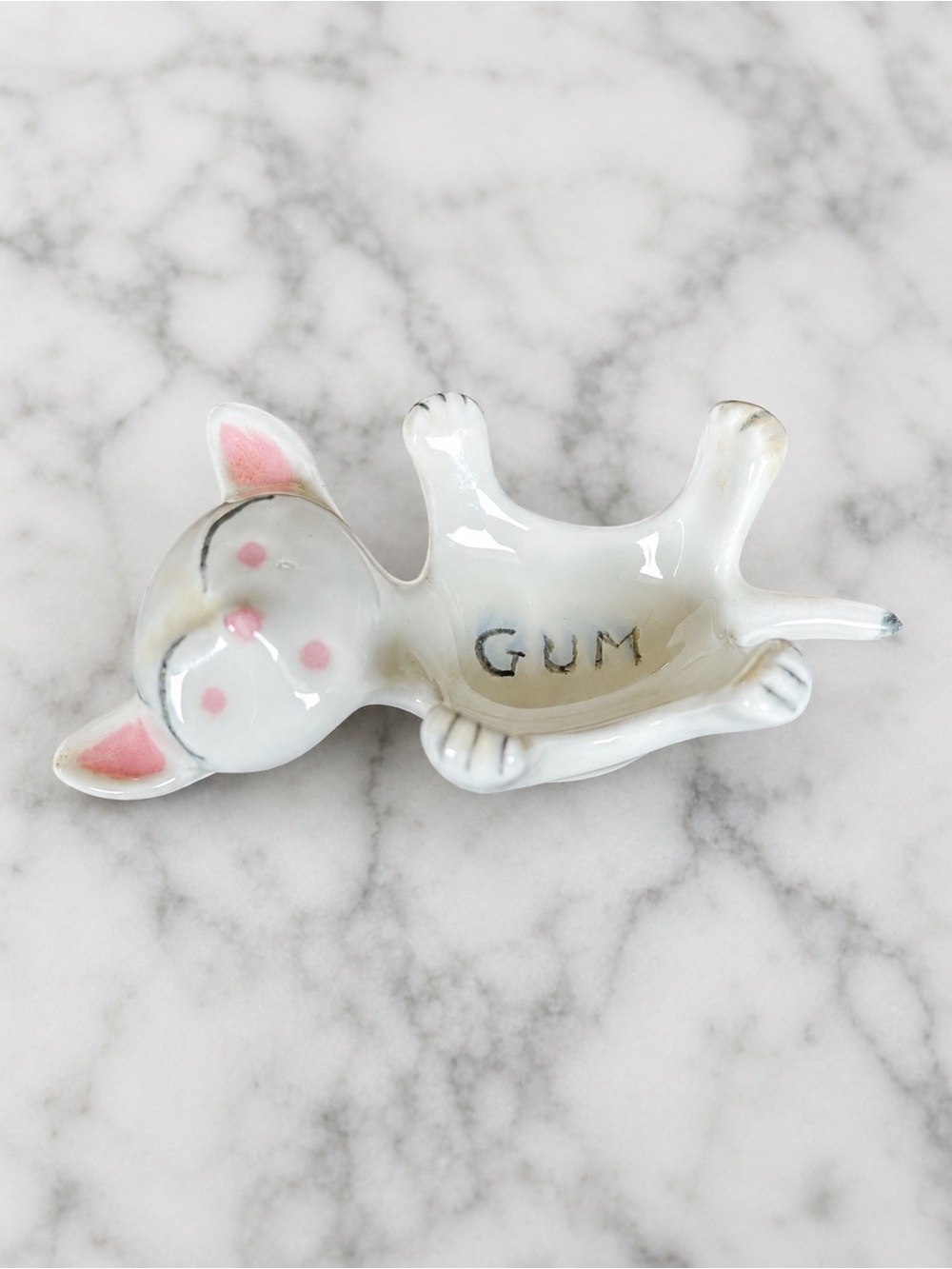 Vintage Ceramic Cat Gum Parker Chewing Gum Holder White Pink Kitty MCM 3.25”